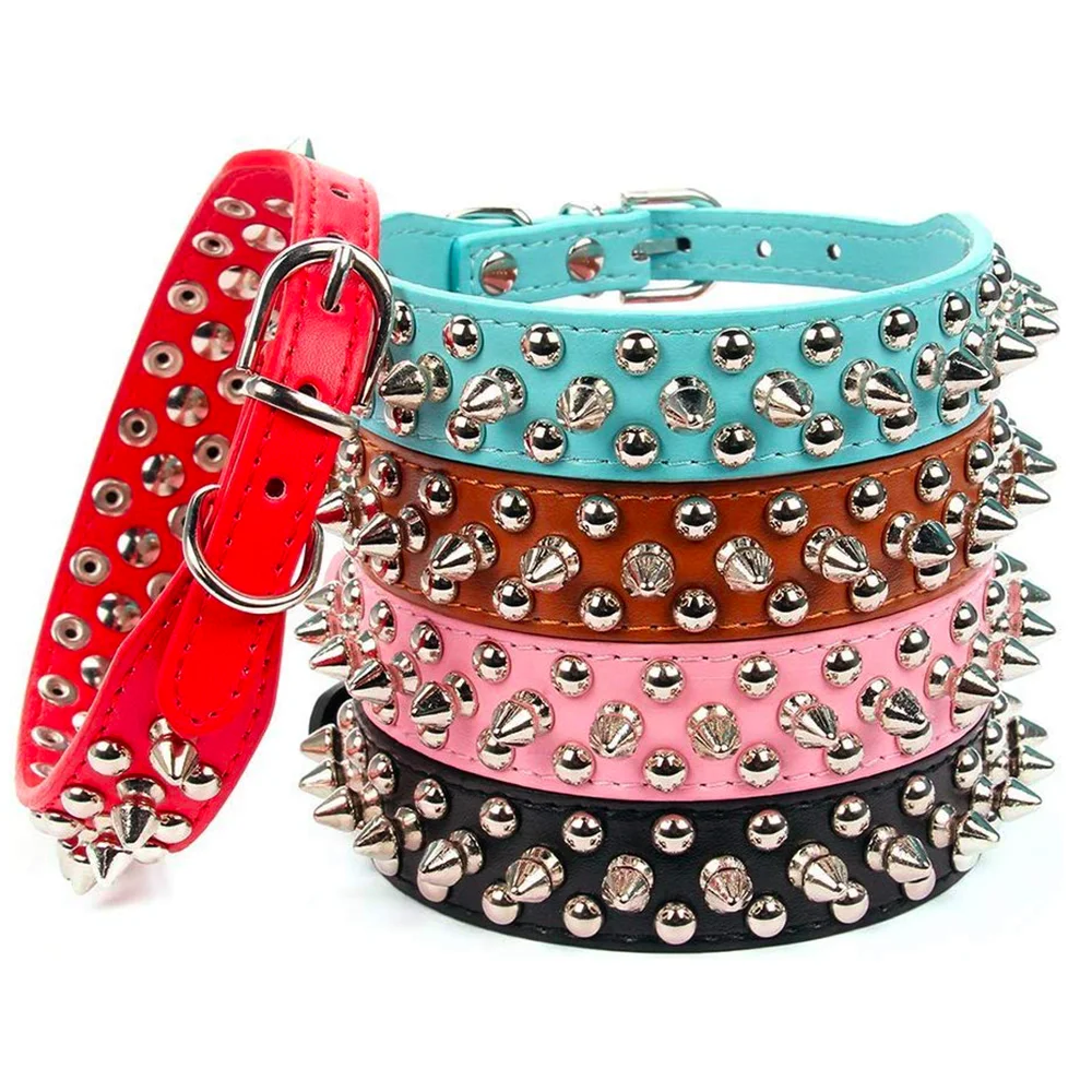 Adjustable PU Leather Dog Collar - Spiked Punk Rivet Design for Small Dogs and Cats, Durable and Stylish Pet Neck Strap