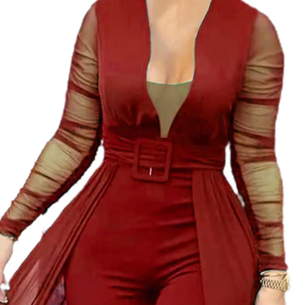 Elegant Long Sleeve Mesh Skinny Jumpsuit - Women's Formal Party Romper with Sheer Mesh & Lace Up Back