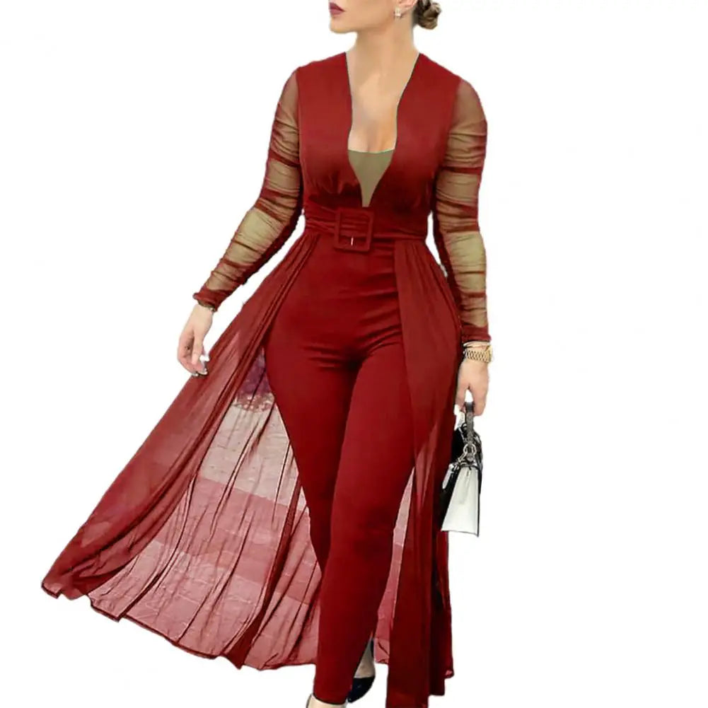 Elegant Long Sleeve Mesh Skinny Jumpsuit - Women's Formal Party Romper with Sheer Mesh & Lace Up Back