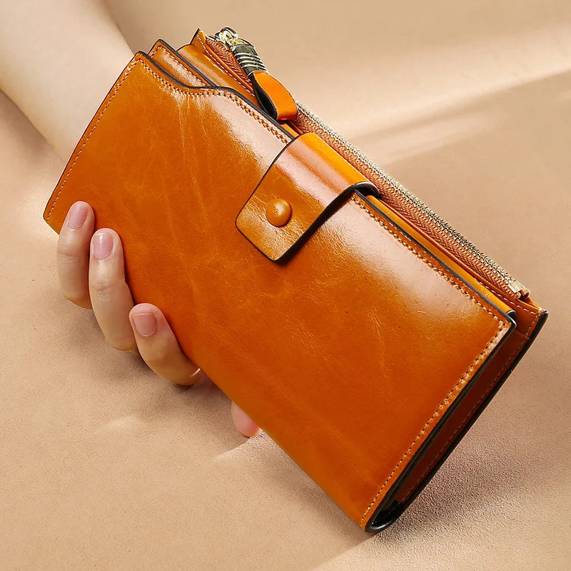 Luxury Genuine Leather RFID Blocking Women's Wallet, Long Designer Purse with Coin Pocket