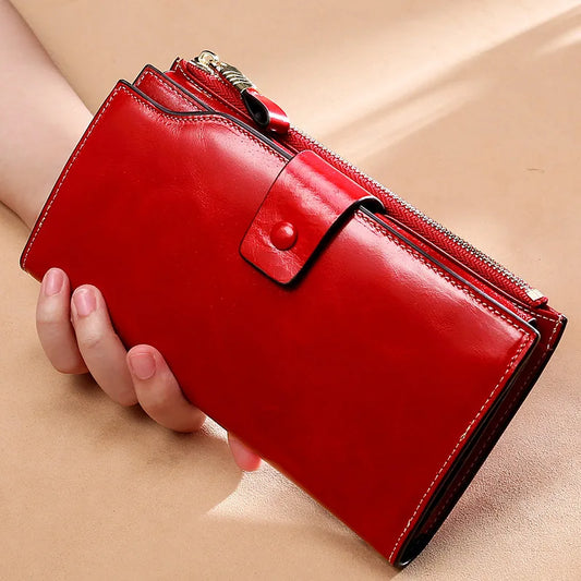 Luxury Genuine Leather RFID Blocking Women's Wallet, Long Designer Purse with Coin Pocket