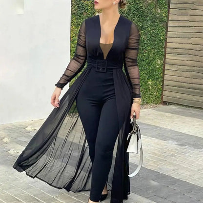 Elegant Long Sleeve Mesh Skinny Jumpsuit - Women's Formal Party Romper with Sheer Mesh & Lace Up Back