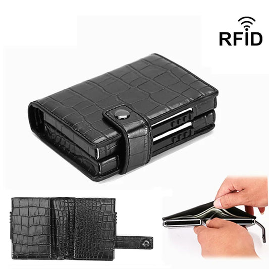 PU Leather RFID Double Metal ID Credit Card Holder with Automatic Cash Clip - Vintage Mini Wallet for Business