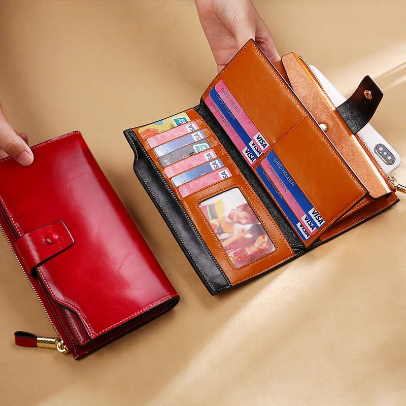 Luxury Genuine Leather RFID Blocking Women's Wallet, Long Designer Purse with Coin Pocket