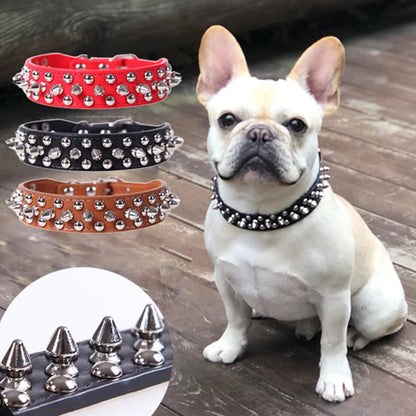 Adjustable PU Leather Dog Collar - Spiked Punk Rivet Design for Small Dogs and Cats, Durable and Stylish Pet Neck Strap