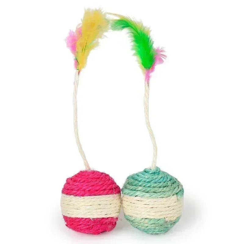 Interactive Sisal Scratching Ball Cat Toy with Feathers - Durable Training Toy for Kittens