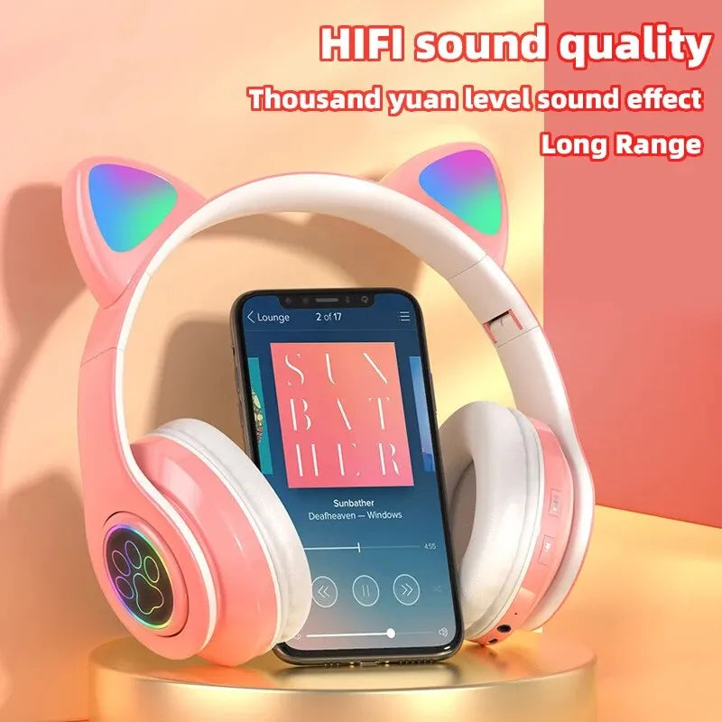 Cute Cat Ears Bluetooth Wireless Headphones with Mic and LED Flash Light - Foldable Stereo Music Helmet