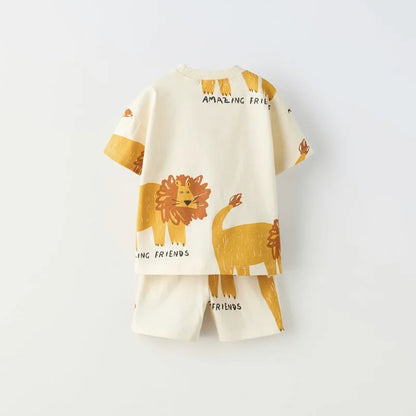 Summer Children's Short Sleeve Lion Cartoon Tracksuit - T-shirt & Shorts Two-Piece Outfit for Boys