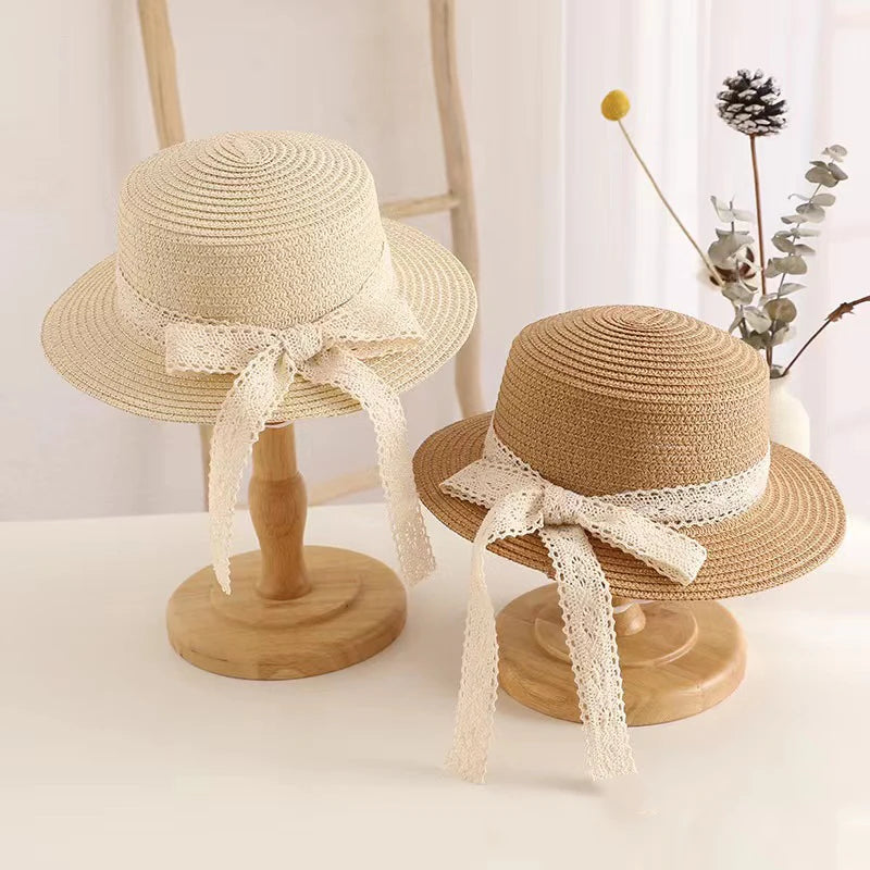 Princess Girl Summer Straw Hat with French Lace Ribbon Bow - Kids Sun Protection Cap for Outdoor Beach Travel