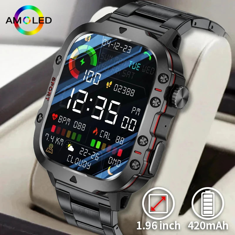 AMOLED Military Smart Watch for Men - 1.96" HD Screen, IP68 Waterproof, Outdoor Sports Fitness Tracker, Bluetooth Call, Health Monitor