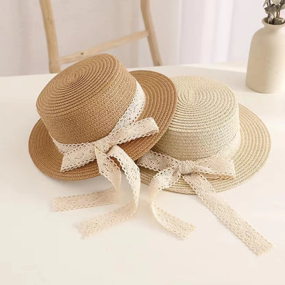 Princess Girl Summer Straw Hat with French Lace Ribbon Bow - Kids Sun Protection Cap for Outdoor Beach Travel