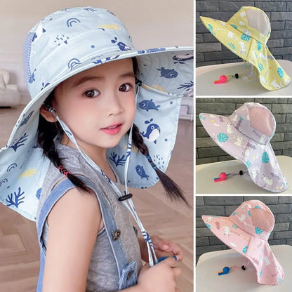 Kids Summer Sun Hat Bucket Cap with Whistle, UV Protection for Boys and Girls, Outdoor Neck and Ear Cover Beach Cap