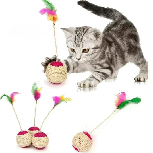 Interactive Sisal Scratching Ball Cat Toy with Feathers - Durable Training Toy for Kittens