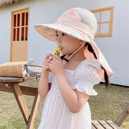 Kids Summer Sun Hat Bucket Cap with Whistle, UV Protection for Boys and Girls, Outdoor Neck and Ear Cover Beach Cap