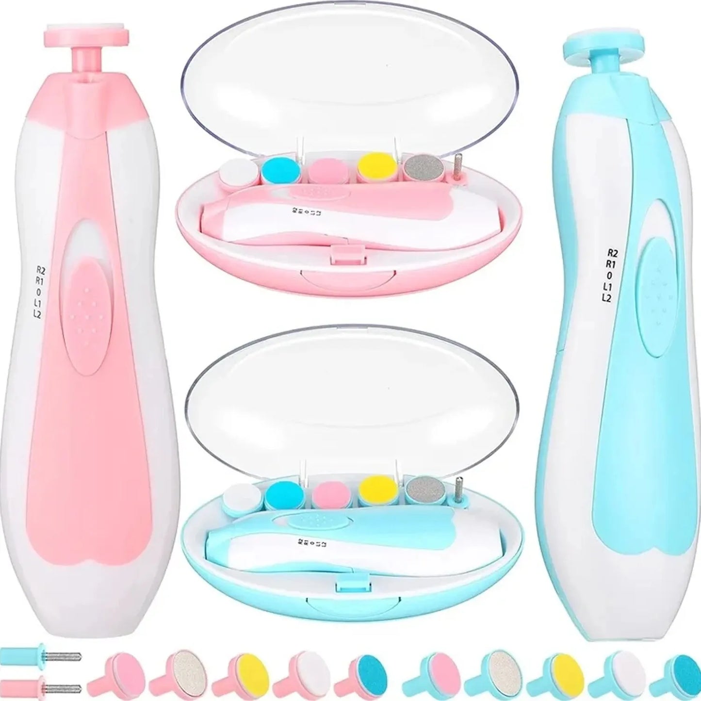 6-in-1 Electric Baby Nail Trimmer Set - Safe and Easy Baby Manicure Kit with Nail Clipper, Scissors, and Grinder (Blue/Pink)