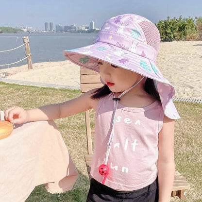 Kids Summer Sun Hat Bucket Cap with Whistle, UV Protection for Boys and Girls, Outdoor Neck and Ear Cover Beach Cap