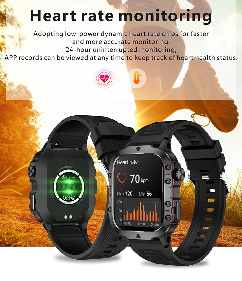 AMOLED Military Smart Watch for Men - 1.96" HD Screen, IP68 Waterproof, Outdoor Sports Fitness Tracker, Bluetooth Call, Health Monitor