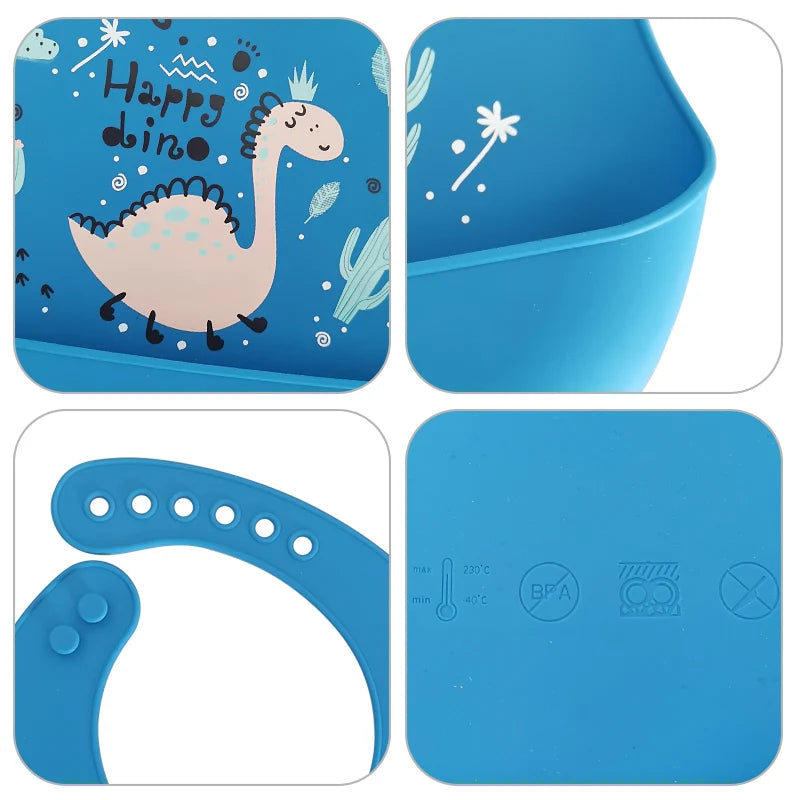 Waterproof Silicone Baby Bib - Adjustable Cartoon Dinosaur Feeding Bib for Boys & Girls