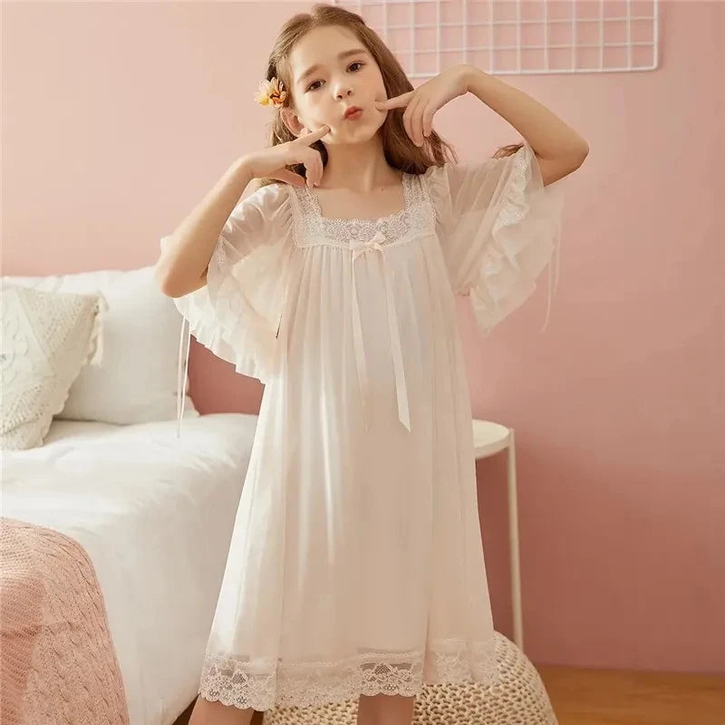 Summer Girl's Short-Sleeved Princess Nightdress - Soft Breathable Lace Mesh Pajamas