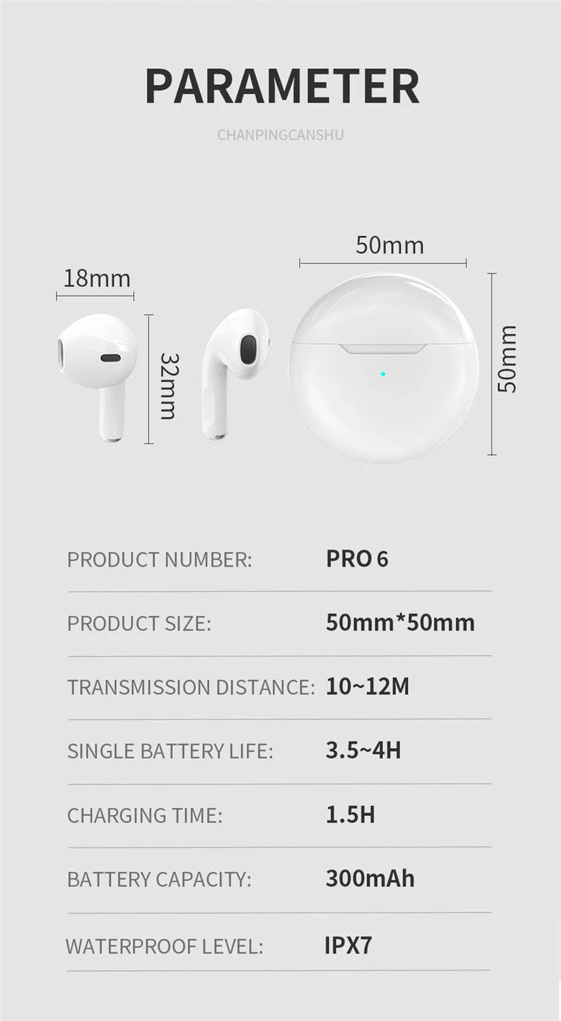 Air Pro 6 TWS Wireless Bluetooth Earphones with Mic - Noise Cancelling, Waterproof In-Ear Earbuds for Sports and Everyday Use