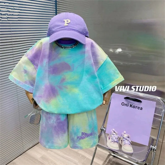 Kids' Summer Tie-Dye Tracksuit - 2-Piece Colorful Outfit for Girls & Boys, Top and Shorts Set