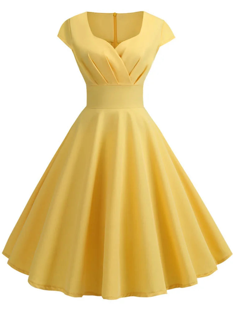 Elegant Summer Dress - V-Neck Swing Vintage Midi Dress for Women, Retro Pin-Up Style, Perfect for Office & Parties