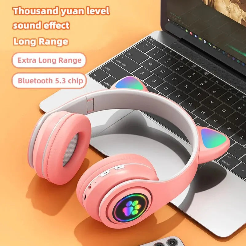 Cute Cat Ears Bluetooth Wireless Headphones with Mic and LED Flash Light - Foldable Stereo Music Helmet