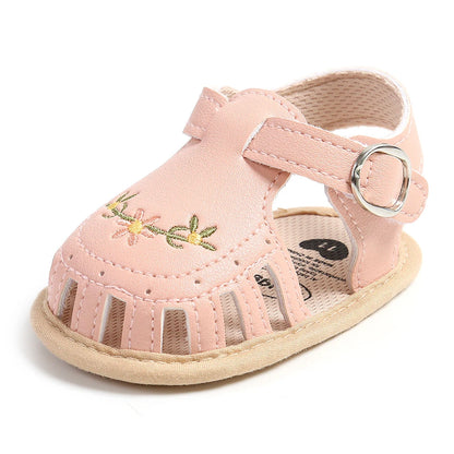 Embroidered Baby Girl Sandals - Lightweight Floral Soft Sole Wrap Toe Shoes for 0-18M