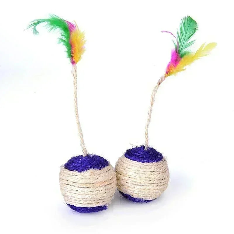 Interactive Sisal Scratching Ball Cat Toy with Feathers - Durable Training Toy for Kittens