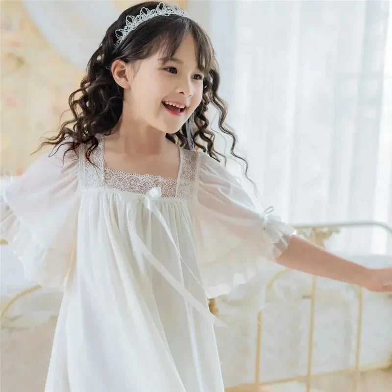 Summer Girl's Short-Sleeved Princess Nightdress - Soft Breathable Lace Mesh Pajamas