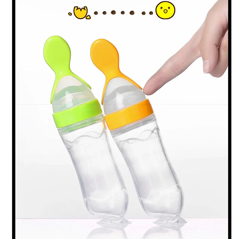 Silicone Baby Feeding Bottle with Spoon - Safe, Squeezing Supplement Feeder for Newborns and Kids