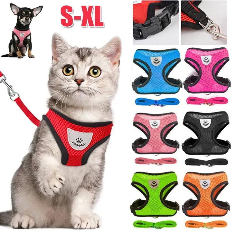 Adjustable Reflective Mesh Cat and Dog Harness with Leash - Breathable, Comfortable Vest for Small Pets