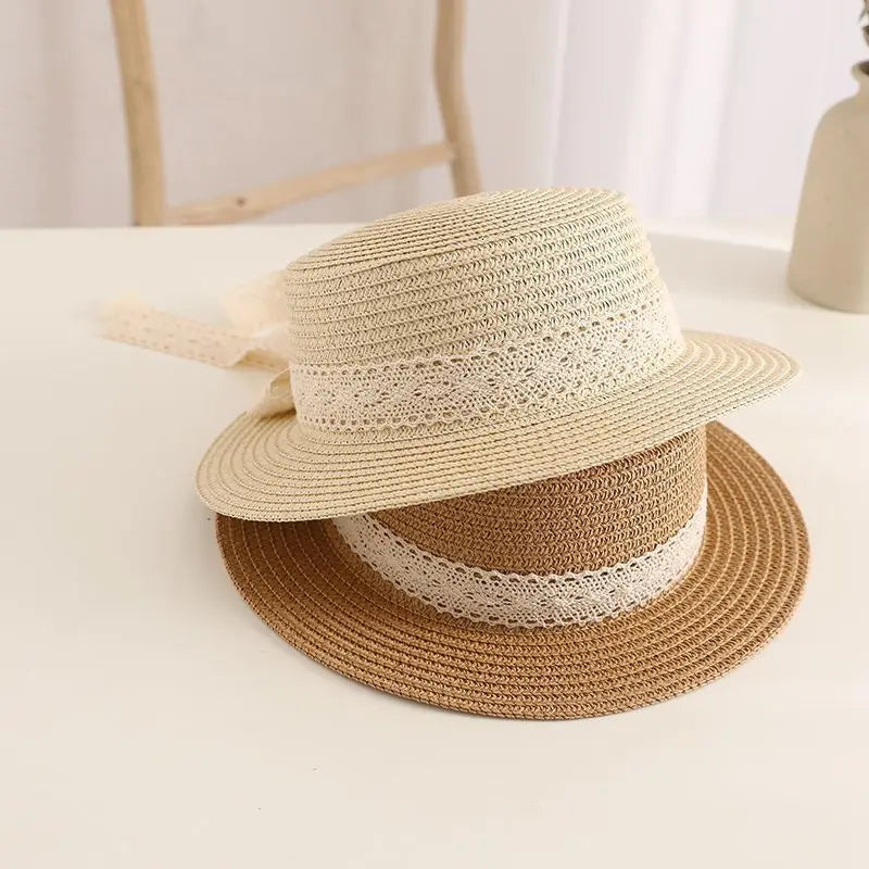 Princess Girl Summer Straw Hat with French Lace Ribbon Bow - Kids Sun Protection Cap for Outdoor Beach Travel