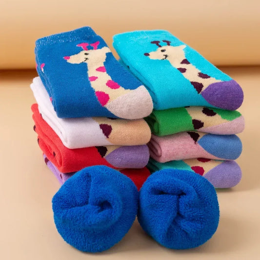 5 Pairs Kids Warm Cotton Socks - Cute Cartoon Animal Mid-Calf Socks for Boys and Girls, Autumn Winter Collection