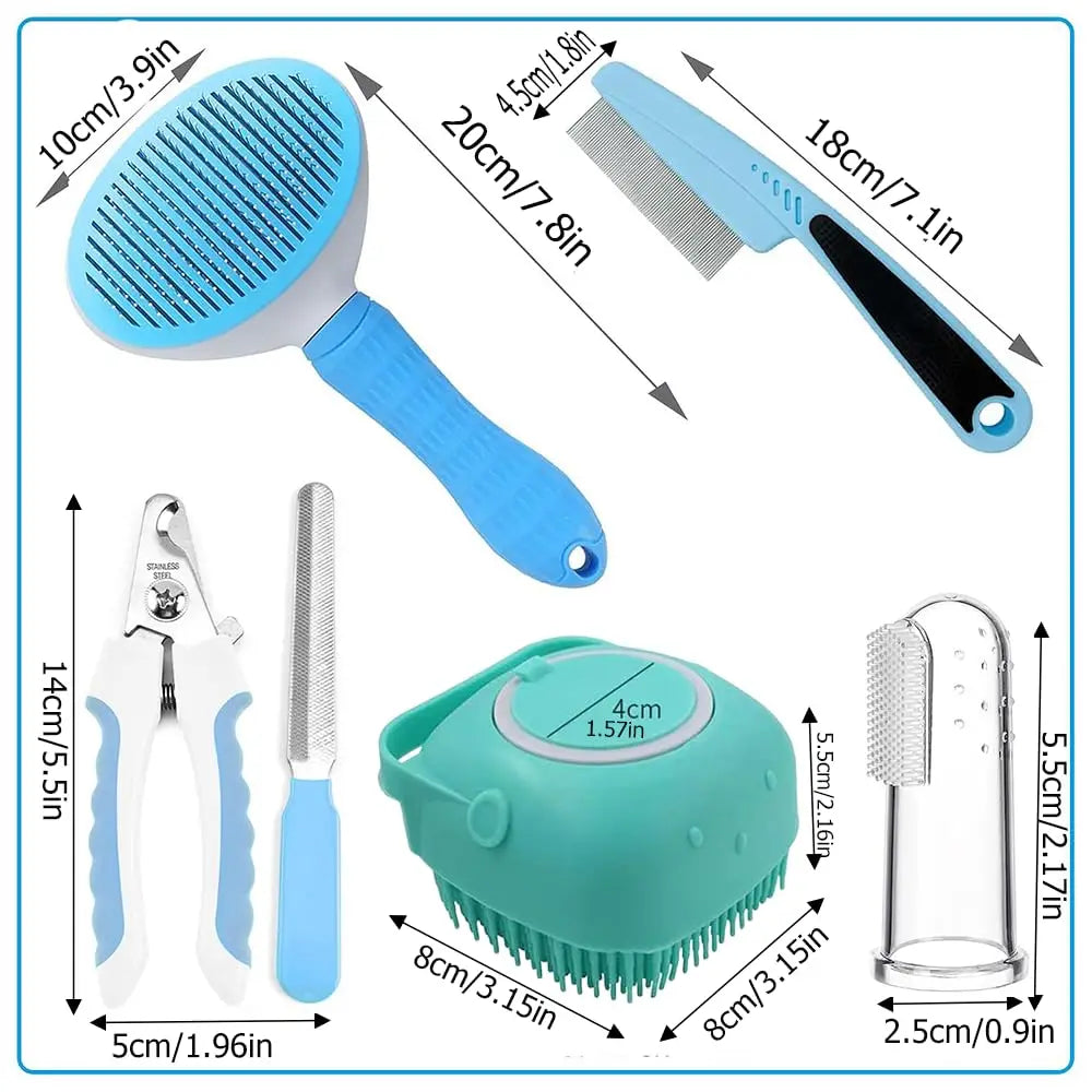 7-Piece Cat and Dog Grooming Set - Self-Cleaning Brush, Nail Clippers, Flea Comb, Pet Shower Brush & More