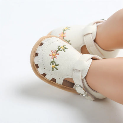 Embroidered Baby Girl Sandals - Lightweight Floral Soft Sole Wrap Toe Shoes for 0-18M