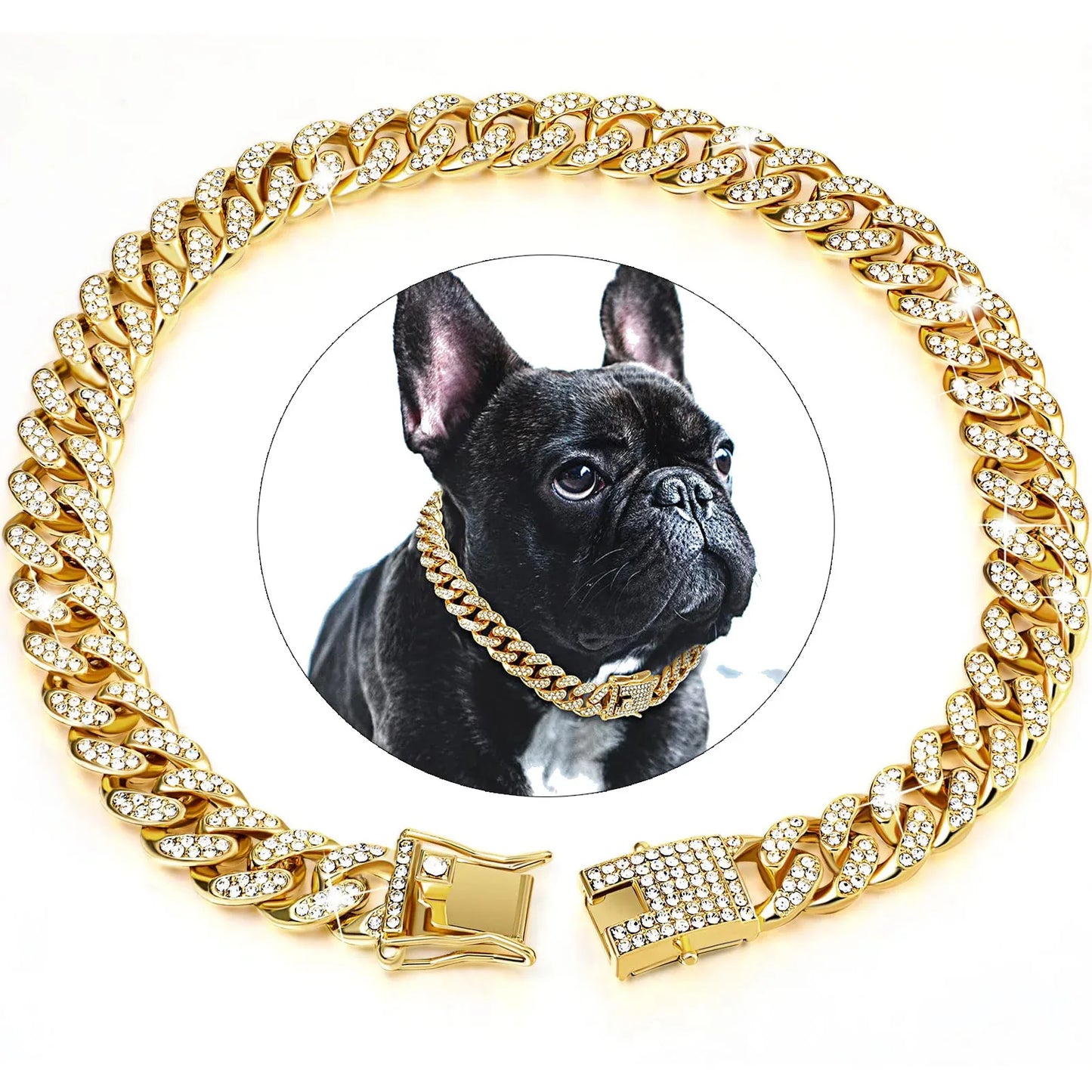 Luxury Rhinestone Dog Chain Collar - Strong Gold Cuban Link Necklace for Dogs & Cats - Designer Pet Jewelry Accessories