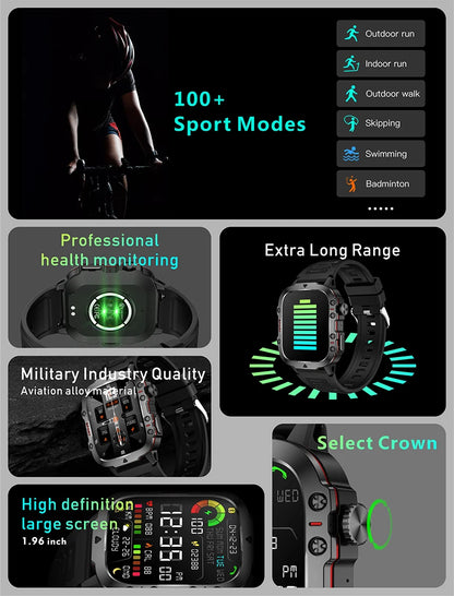 AMOLED Military Smart Watch for Men - 1.96" HD Screen, IP68 Waterproof, Outdoor Sports Fitness Tracker, Bluetooth Call, Health Monitor