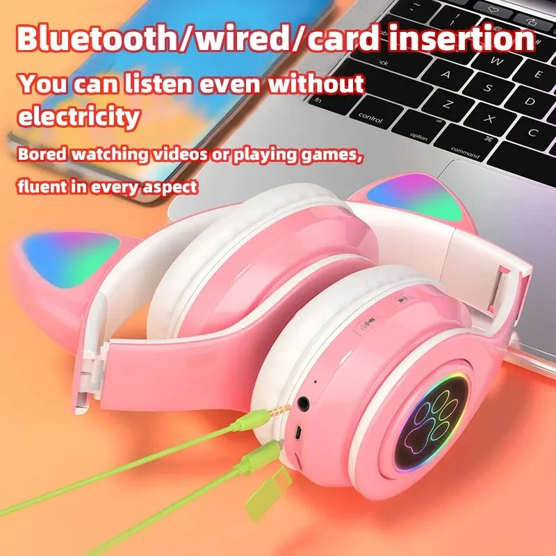 Cute Cat Ears Bluetooth Wireless Headphones with Mic and LED Flash Light - Foldable Stereo Music Helmet