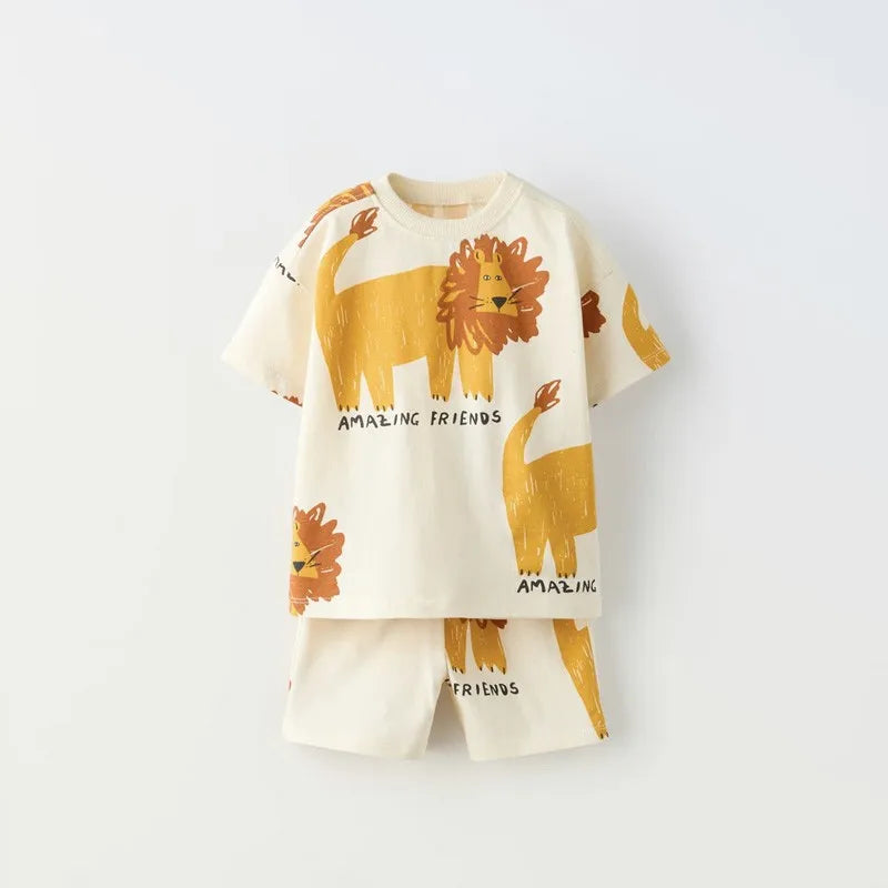 Summer Children's Short Sleeve Lion Cartoon Tracksuit - T-shirt & Shorts Two-Piece Outfit for Boys