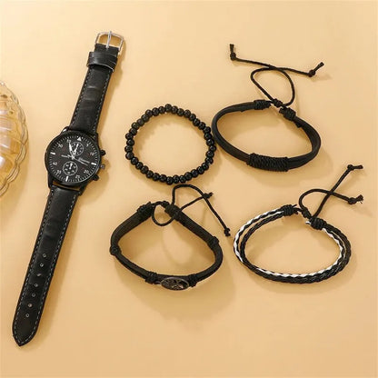 5PCS Men's Fashion Sports Watches Set - Business Quartz Wristwatch & Luxury Leather Bracelet - Casual Stylish Timepieces