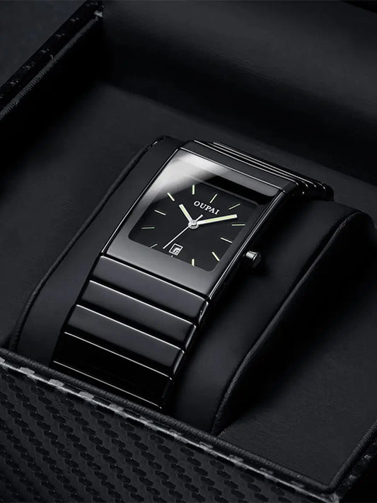 Classic OUPAI Ultra-Thin Black Ceramic Quartz Watch - Waterproof Rectangular Luminous Wristwatch for Men & Women