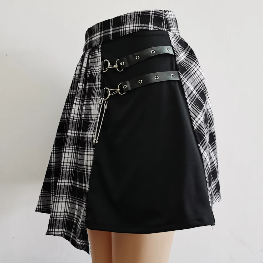 Women's Harajuku Punk Irregular Mini Pleated Skater Skirt - Asymmetric Cutout High Waist Gothic Hip Hop Clubwear