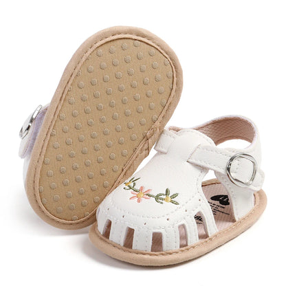 Embroidered Baby Girl Sandals - Lightweight Floral Soft Sole Wrap Toe Shoes for 0-18M