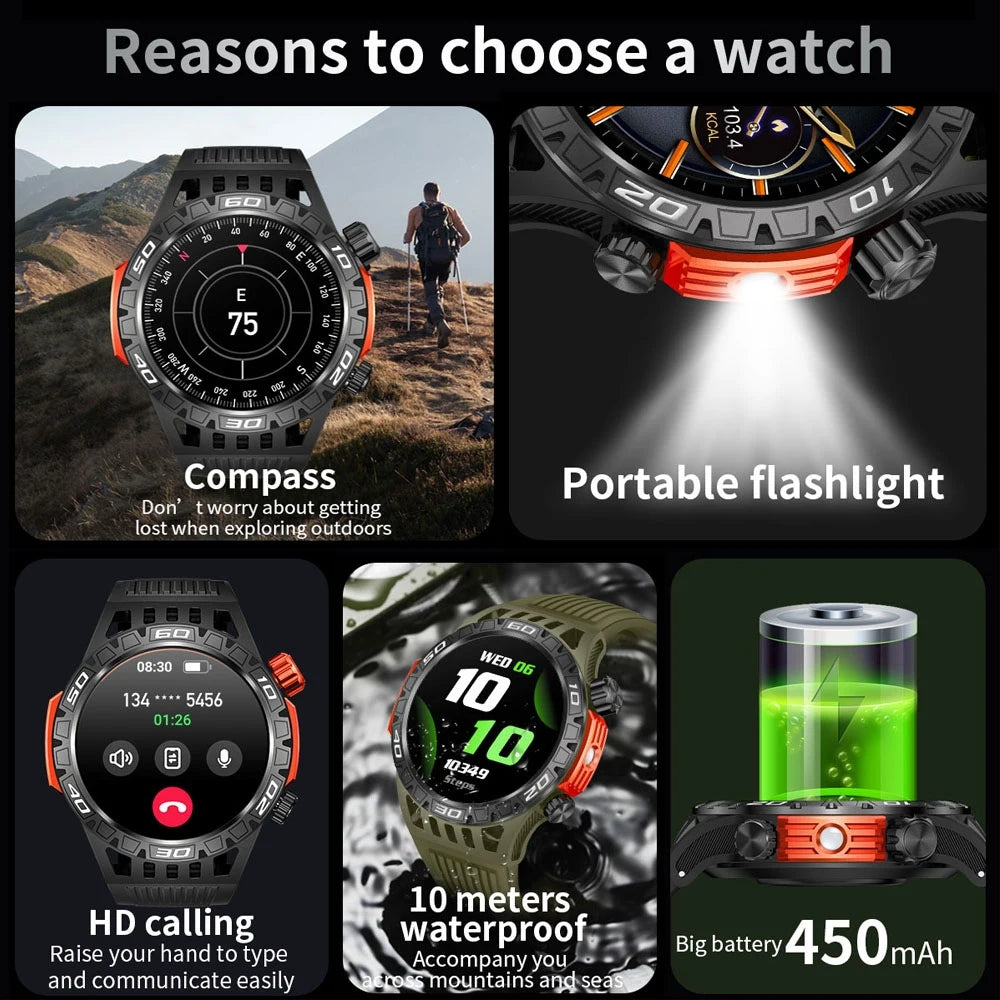 Military-Grade Smartwatch with Bluetooth Calls, IP68 Waterproof, LED Lighting, Compass, and Fitness Tracker