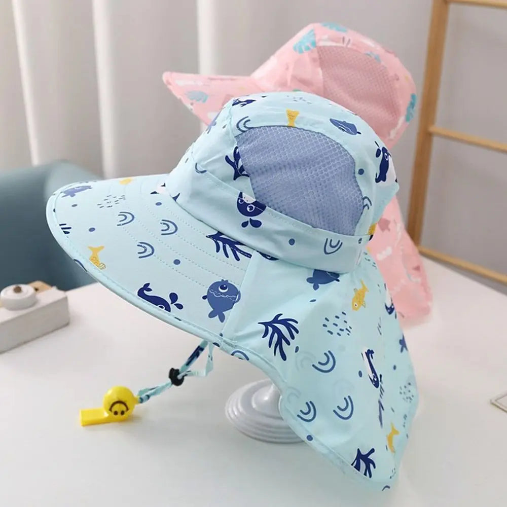 Kids Summer Sun Hat Bucket Cap with Whistle, UV Protection for Boys and Girls, Outdoor Neck and Ear Cover Beach Cap