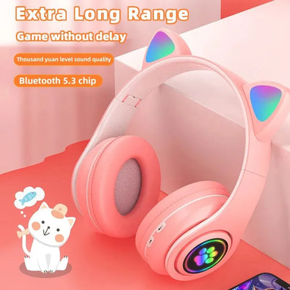 Cute Cat Ears Bluetooth Wireless Headphones with Mic and LED Flash Light - Foldable Stereo Music Helmet