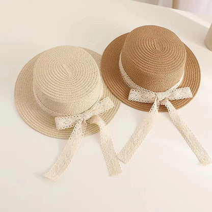 Princess Girl Summer Straw Hat with French Lace Ribbon Bow - Kids Sun Protection Cap for Outdoor Beach Travel