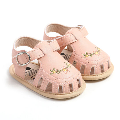 Embroidered Baby Girl Sandals - Lightweight Floral Soft Sole Wrap Toe Shoes for 0-18M