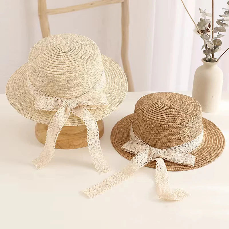 Princess Girl Summer Straw Hat with French Lace Ribbon Bow - Kids Sun Protection Cap for Outdoor Beach Travel